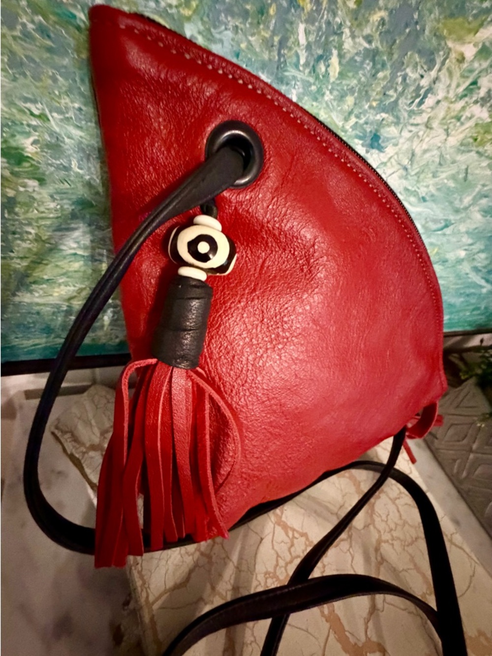 Karen Carlson Triangle Red Leather Two Tassels Crossbody Bag with Black Strap